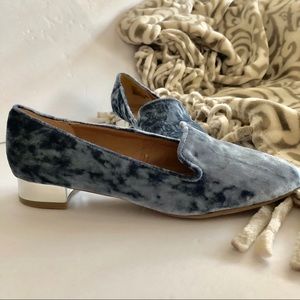 NWOT Blue Velvet Loafers with Silver Heel